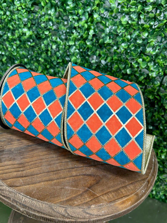 4 Inch By 5 Yard Orange And Turquoise Diamond Elite Metallic Outline Deluxe Wired Edge Ribbon