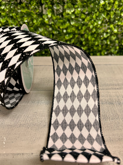 2.5 Inch By 10 Yard Black And White Glitter Harlequin Ribbon
