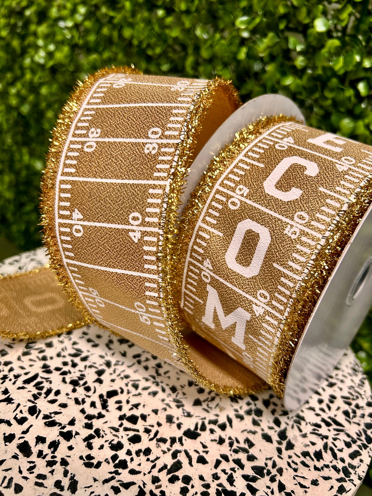 2.5 Inch By 10 Yard Gold And White Football Homecoming With Tinsel Edge Ribbon