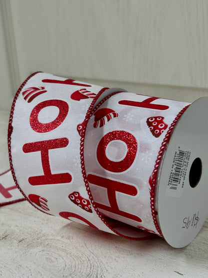 2.5 Inch By 10 Yard Red Glitter Ho Ho Ho With Santa Hats And Snowflakes With White Background And Red Edging Ribbon