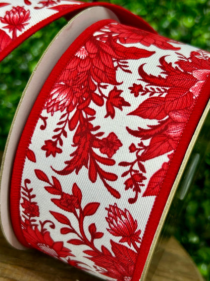 2.5 Inch By 10 Yard Red And White Chinoiserie Floral Fused Ribbon