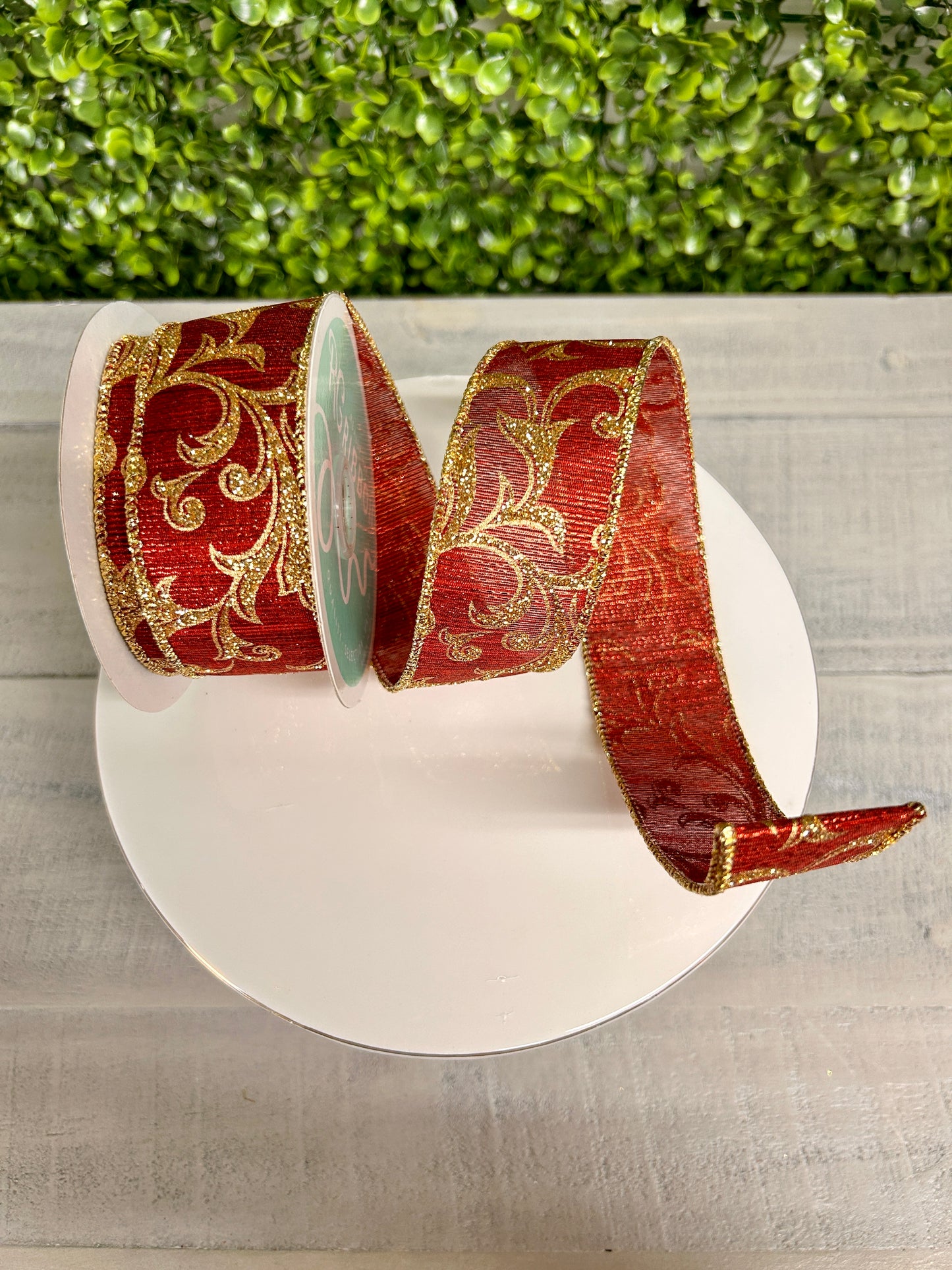 1.5 Inch Burgundy And Gold Acanthus Leaf Metallic Ribbon