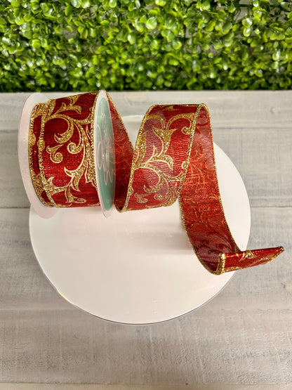 1.5 Inch Burgundy And Gold Acanthus Leaf Metallic Ribbon
