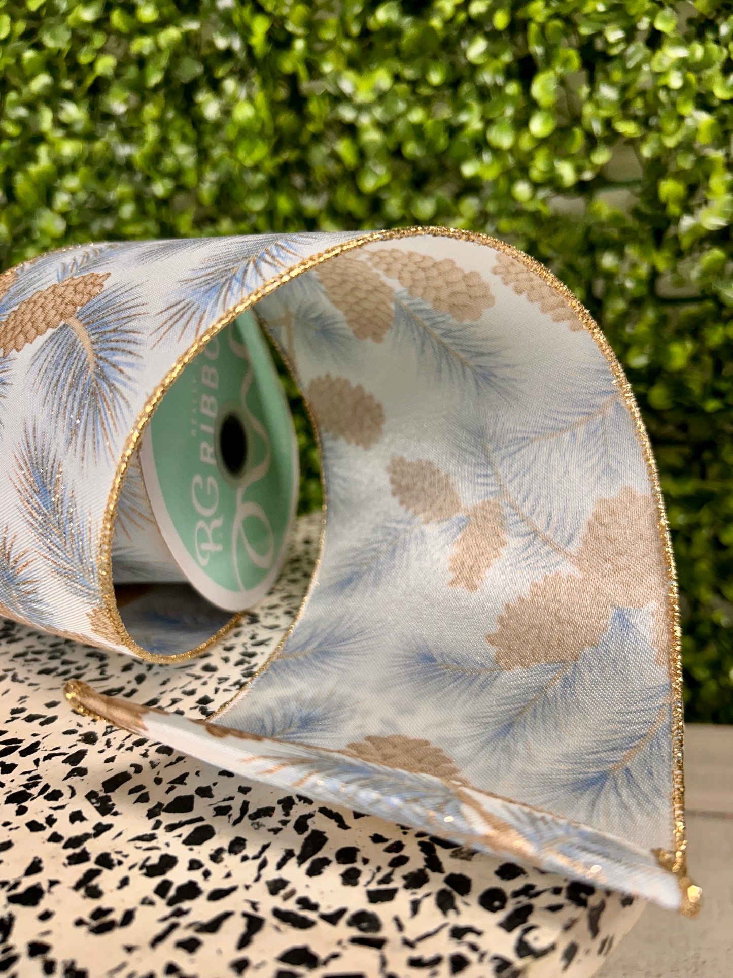 4 Inch By 10 Yard Blue And Champagne Pinecone Branches Ribbon