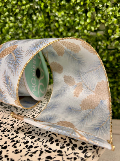 4 Inch By 10 Yard Blue And Champagne Pinecone Branches Ribbon