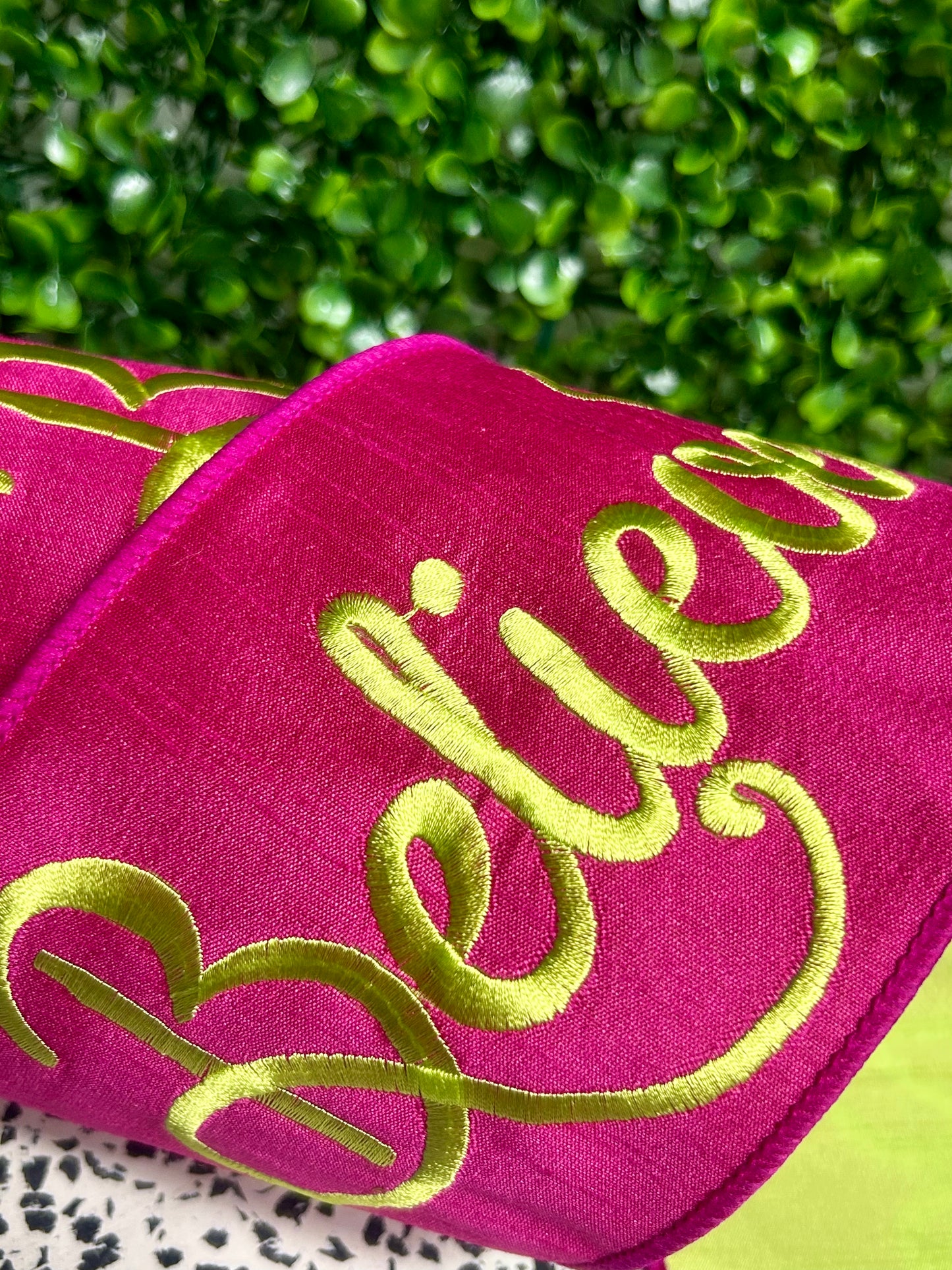 4 Inch By 5 Yard Fuchsia And Lime Green Believe Embroidery Dupioni Ribbon