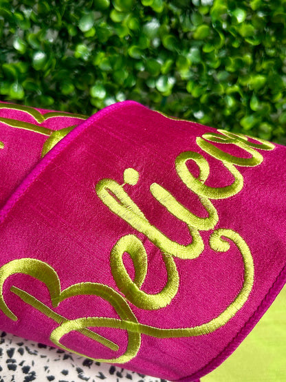4 Inch By 5 Yard Fuchsia And Lime Green Believe Embroidery Dupioni Ribbon