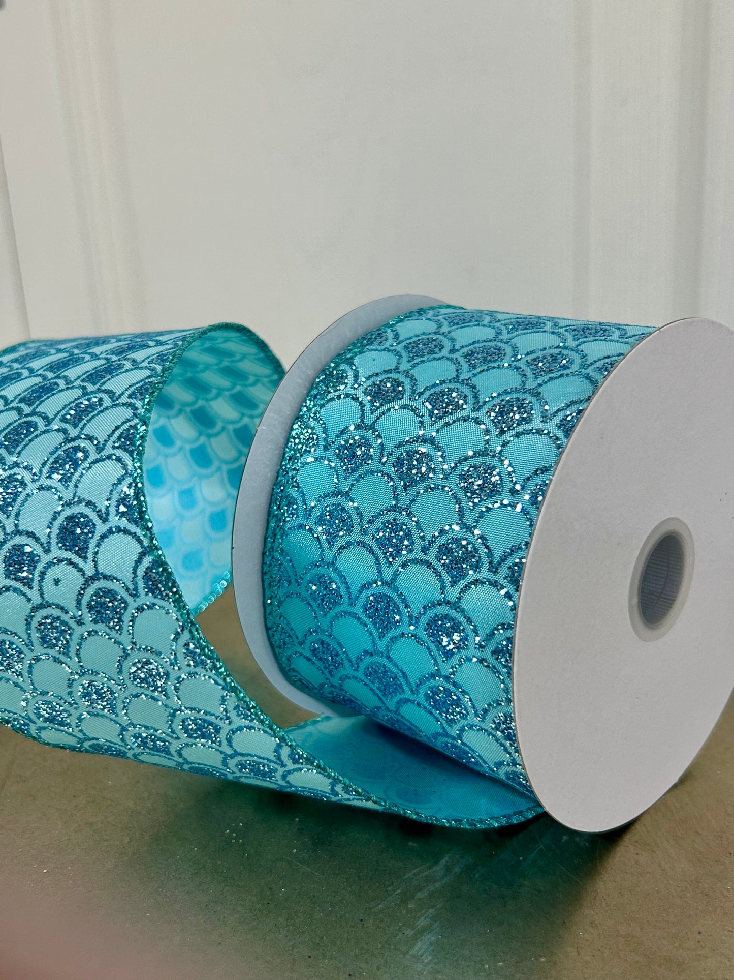 2.5 Inch By 10 Yard Aqua Glitter Fish Scales Pattern Ribbon