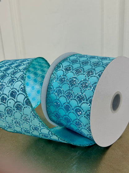 2.5 Inch By 10 Yard Aqua Glitter Fish Scales Pattern Ribbon