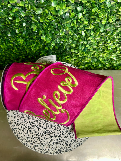 4 Inch By 5 Yard Fuchsia And Lime Green Believe Embroidery Dupioni Ribbon