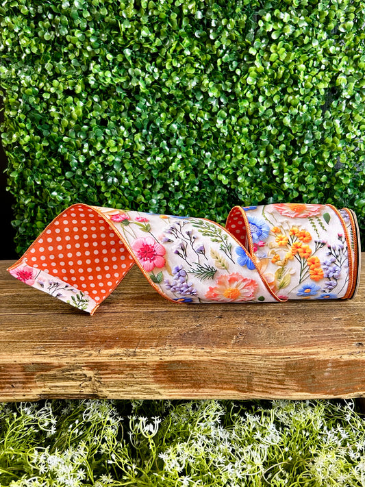 D. Stevens 4 Inch By 10 Yard Orange Pink And Blue Poplin Mix Flower Collage With Polka Dot Backing Ribbon