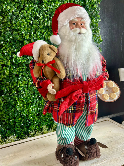 18 Inch Polyester Holiday Santa Figurine With Plaid Robe