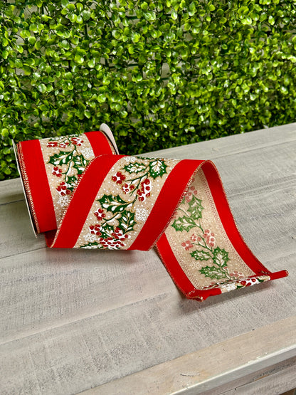 4 Inch By 10 Yard Holly Leaves And Berries Velvet Ribbon