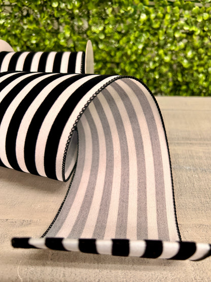4 Inch By 10 Yard Black And White Flocked Cabana Stripes Ribbon