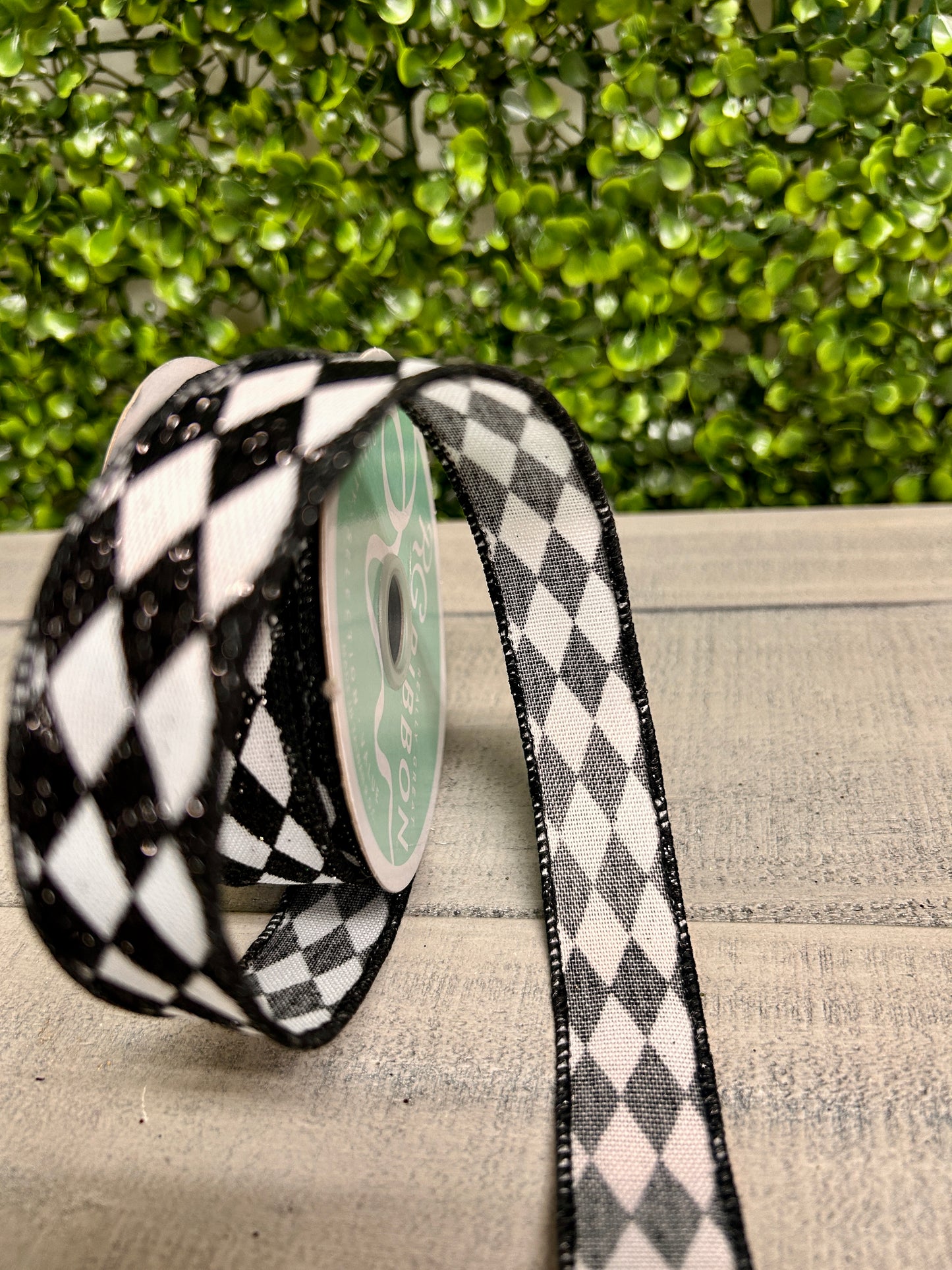 7/8 Inch By 10 Yard Black And White Glitter Harlequin Ribbon