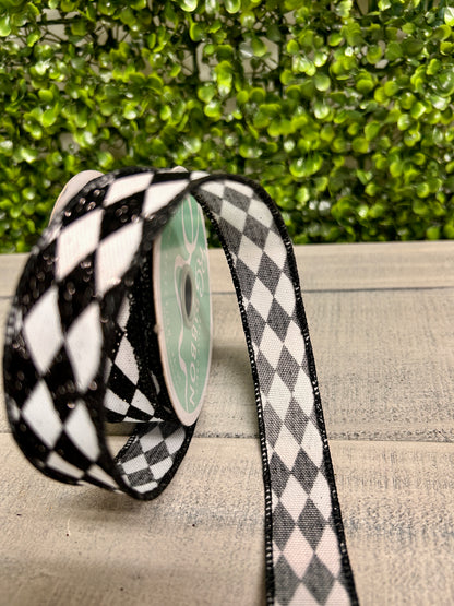 7/8 Inch By 10 Yard Black And White Glitter Harlequin Ribbon