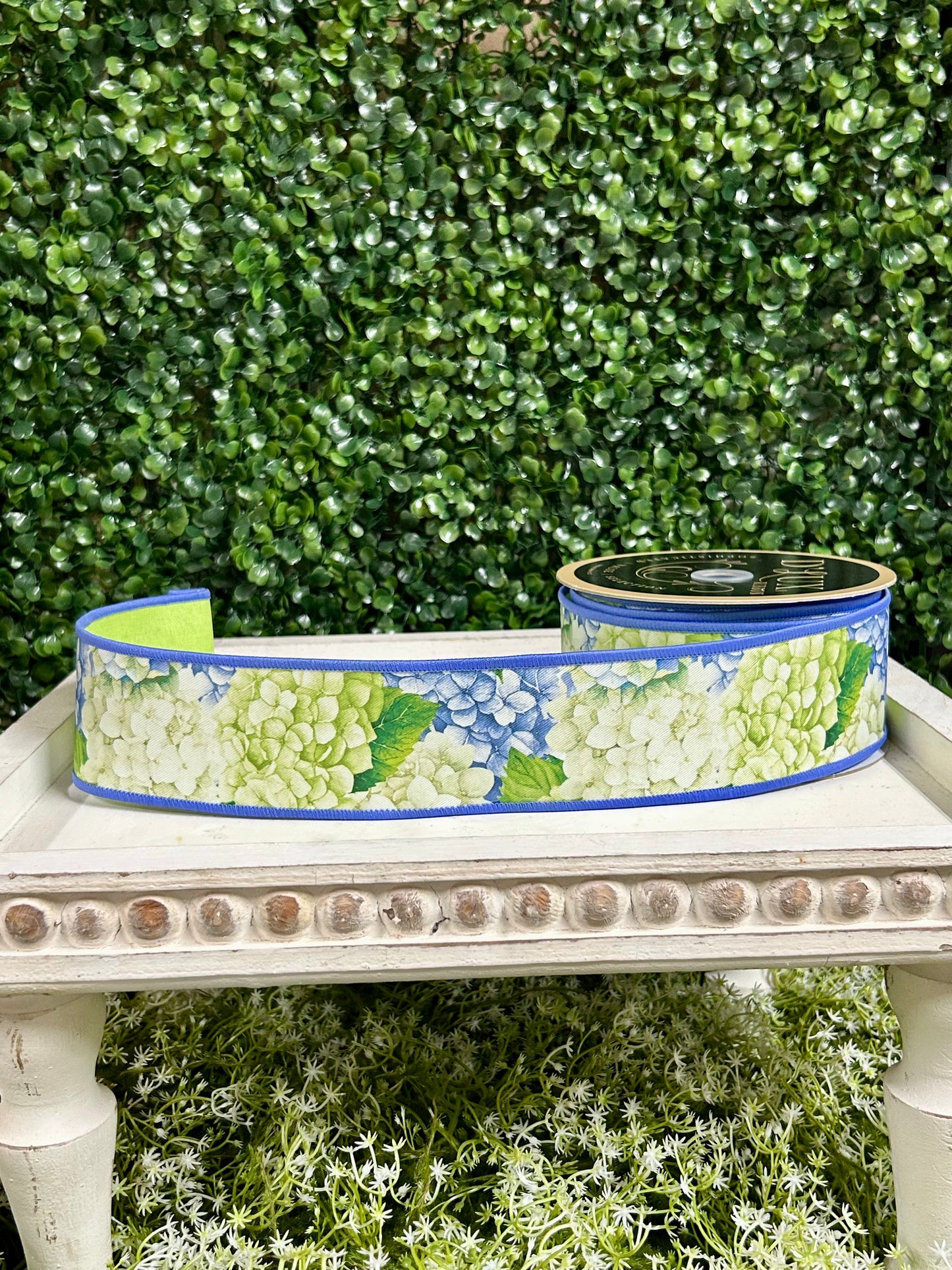 2.5 Inch By 10 Yard Blue And Green Hydrangea Fused Ribbon