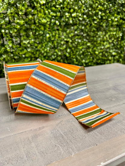 2.5 Inch By 10 Yard Rust Moss Blue Painted Stripes Ribbon