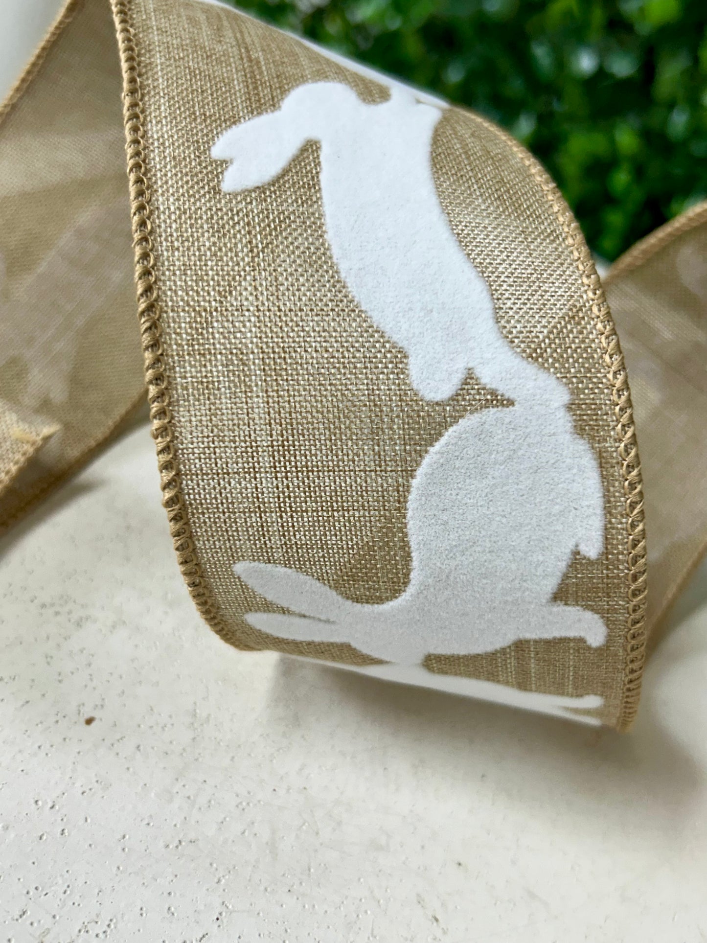 2.5 Inch By 10 Yard Natural Linen With Flocked White Bunnies Ribbon