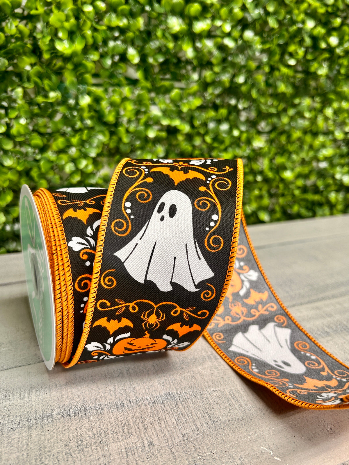 2.5 Inch By 10 Yard Ghost And Pumpkin Halloween Damask Ribbon