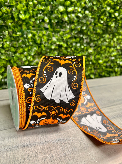 2.5 Inch By 10 Yard Ghost And Pumpkin Halloween Damask Ribbon