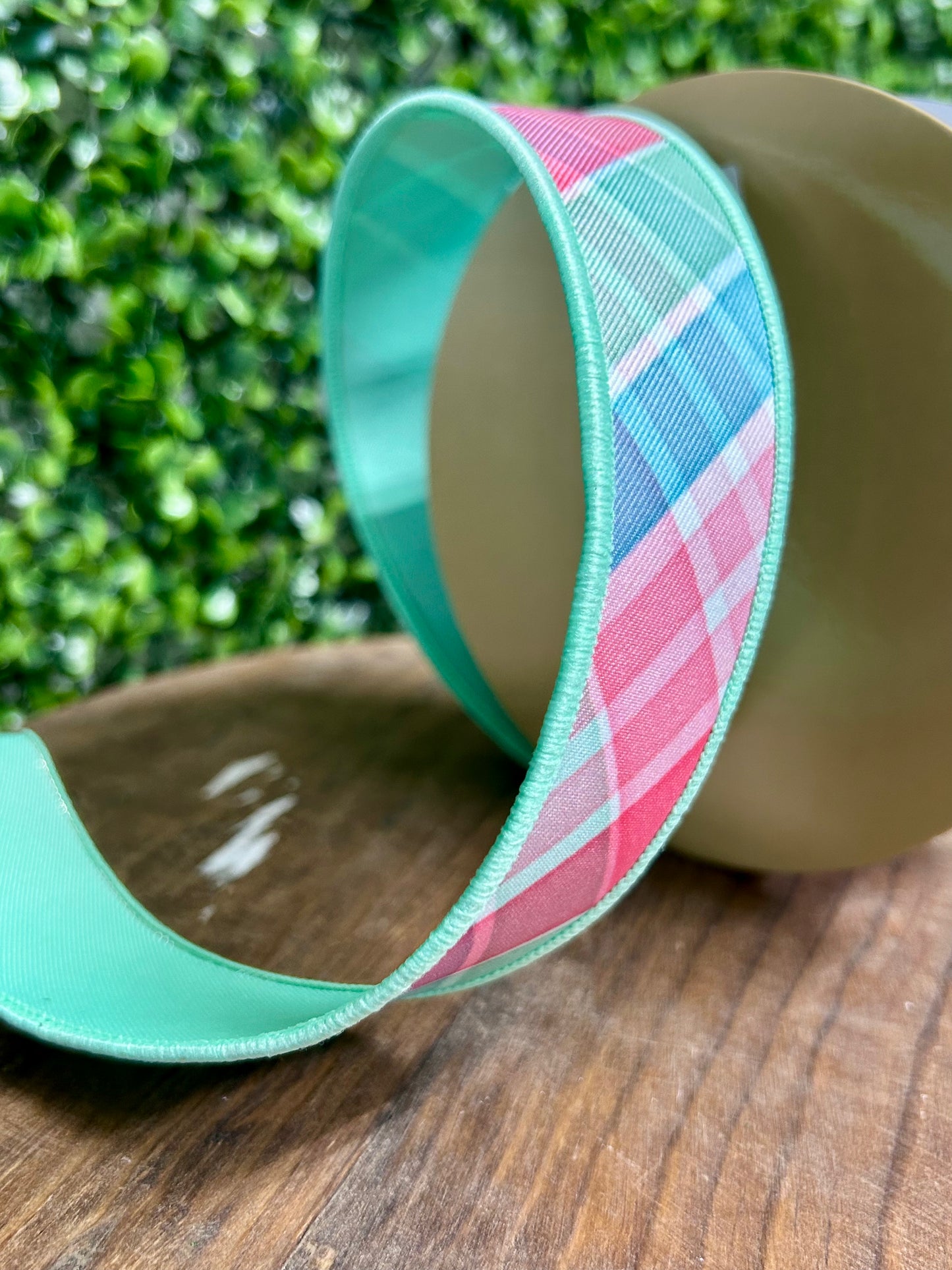 1.5 Inch By 10 Yard Light Teal Pink And Mint Bold Plaid Fused Ribbon