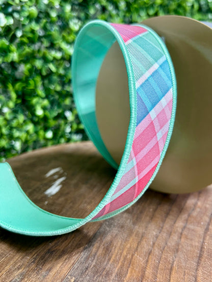 1.5 Inch By 10 Yard Light Teal Pink And Mint Bold Plaid Fused Ribbon