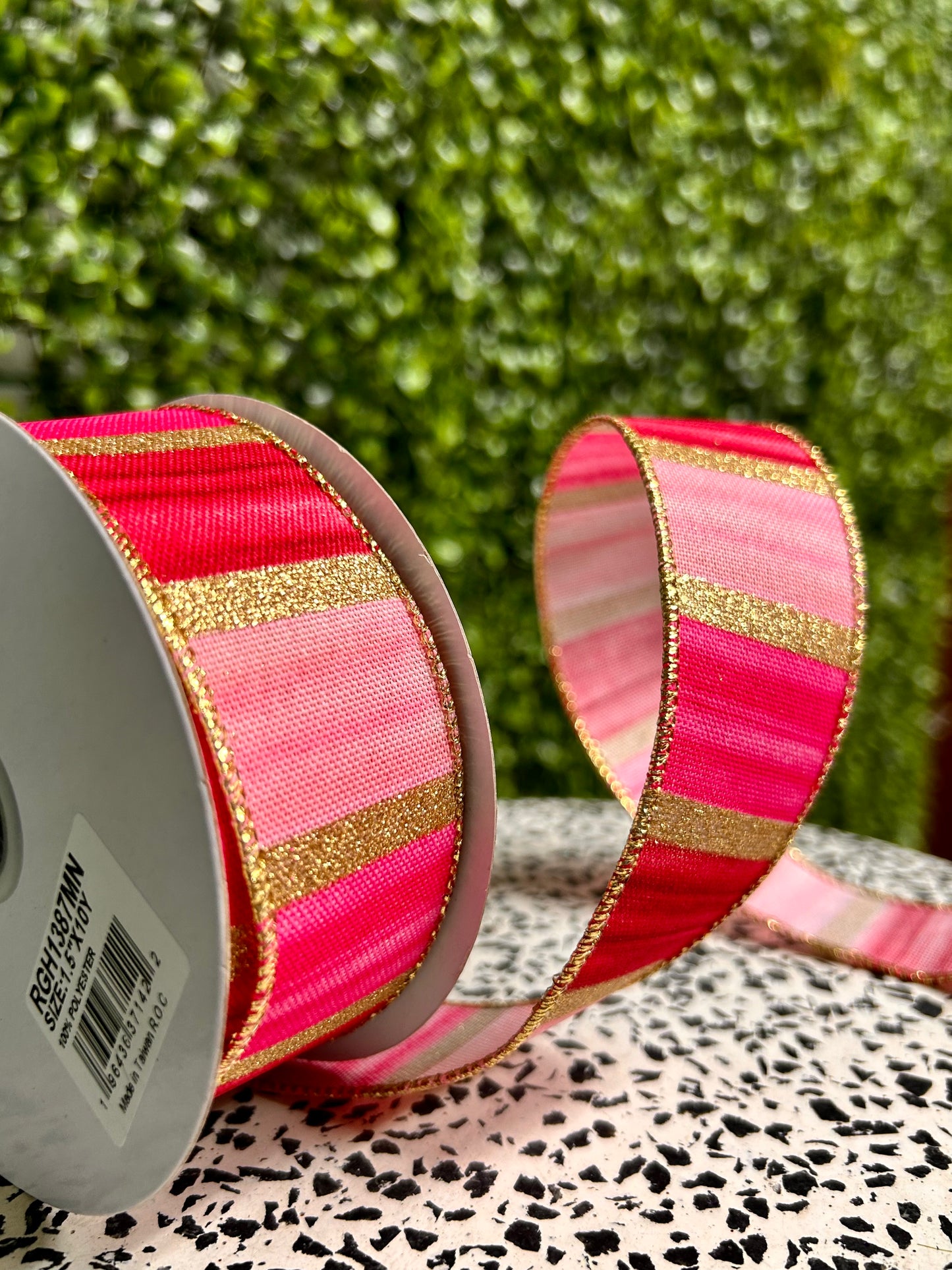 1.5 Inch By 10 Yard Pink Fuchsia Maroon And Gold Watercolor Stripes Ribbon