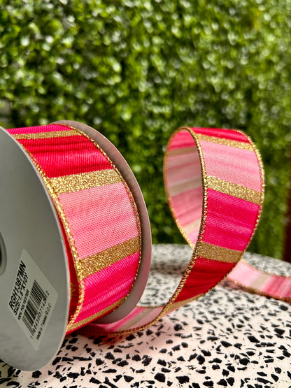 1.5 Inch By 10 Yard Pink Fuchsia Maroon And Gold Watercolor Stripes Ribbon