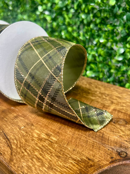 2.5 Inch By 10 Yard Green And Gold Christmas Plaid Ribbon