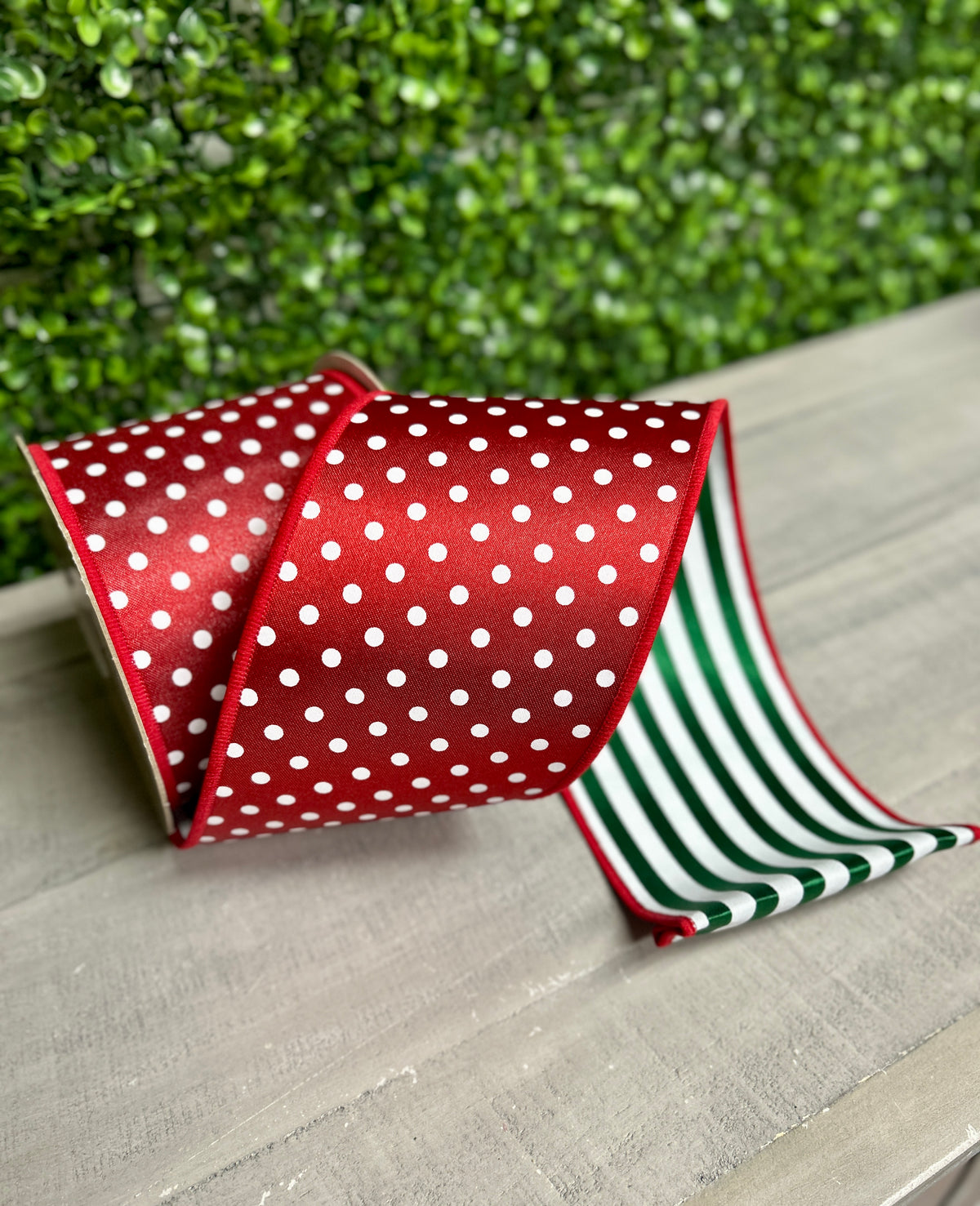 4 Inch By 10 Yard Red And White Polka Dot With Emerald And White Stripe Backing Fused Ribbon