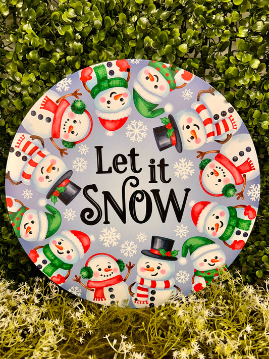 12 Inch Blue Red And Emerald Let It Snow With Snowmen Metal Sign