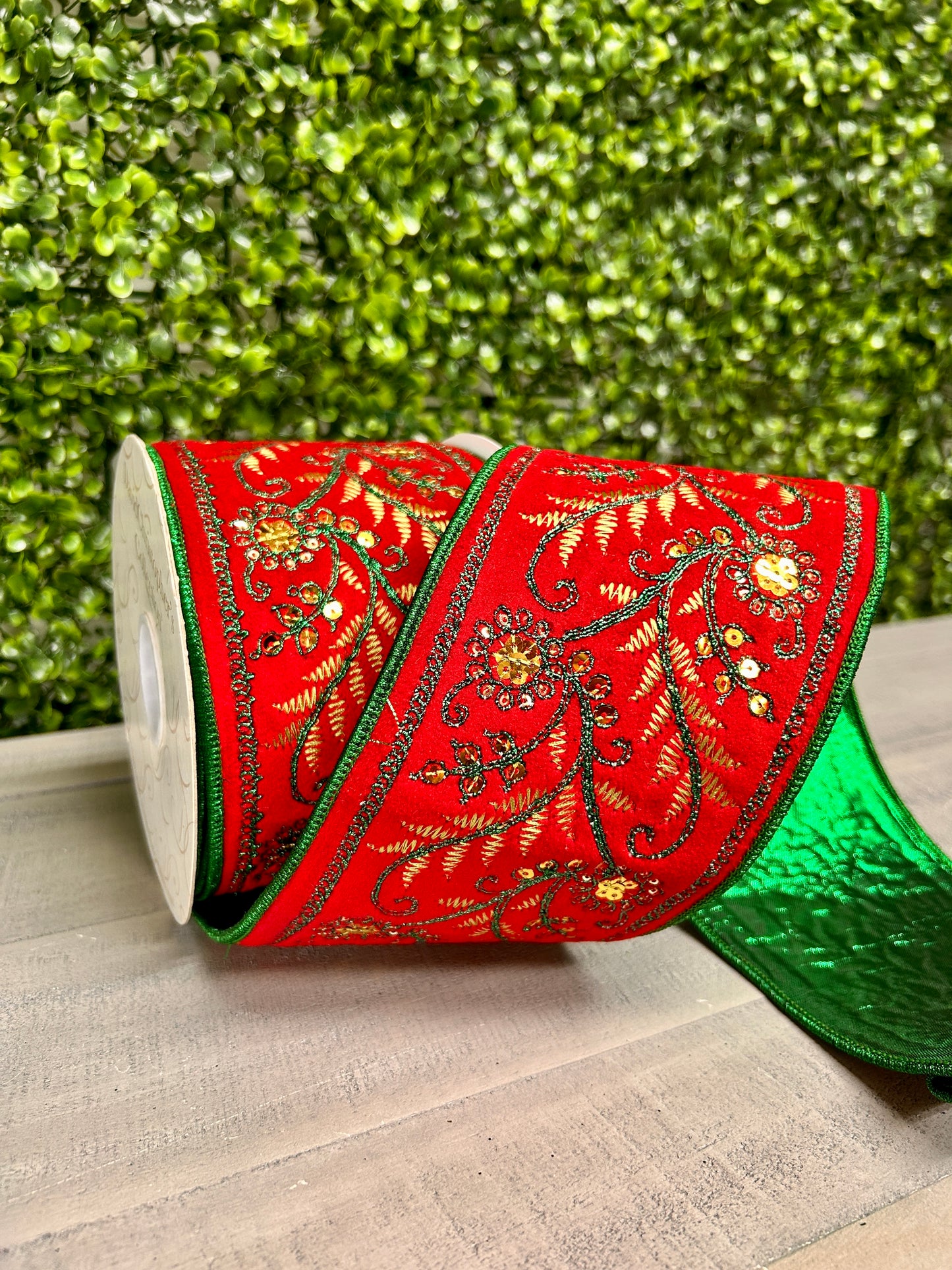 David Christopher 4 Inch By 10 Yard Green Fern Embroidery With Gold Sequins On Red Velvet With Green Back Ribbon