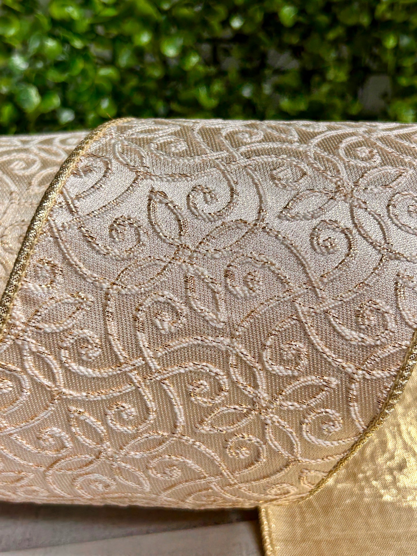 4 Inch By 10 Yard Ivory And Gold Jacquard With Gold Dupioni Fused Backing Ribbon