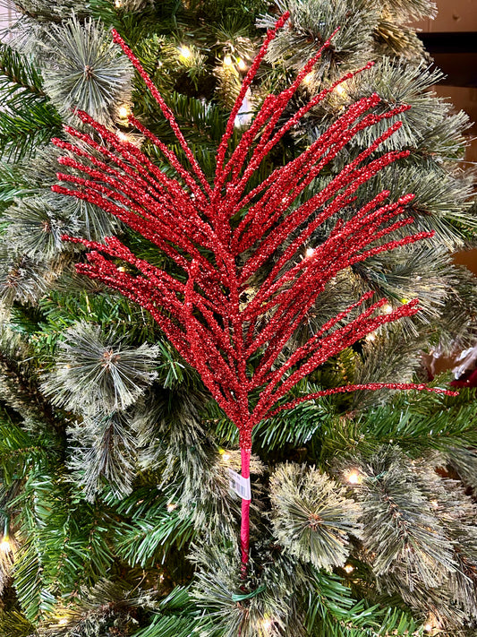 24 Inch Red Glitter Pine Needle Berry Stem