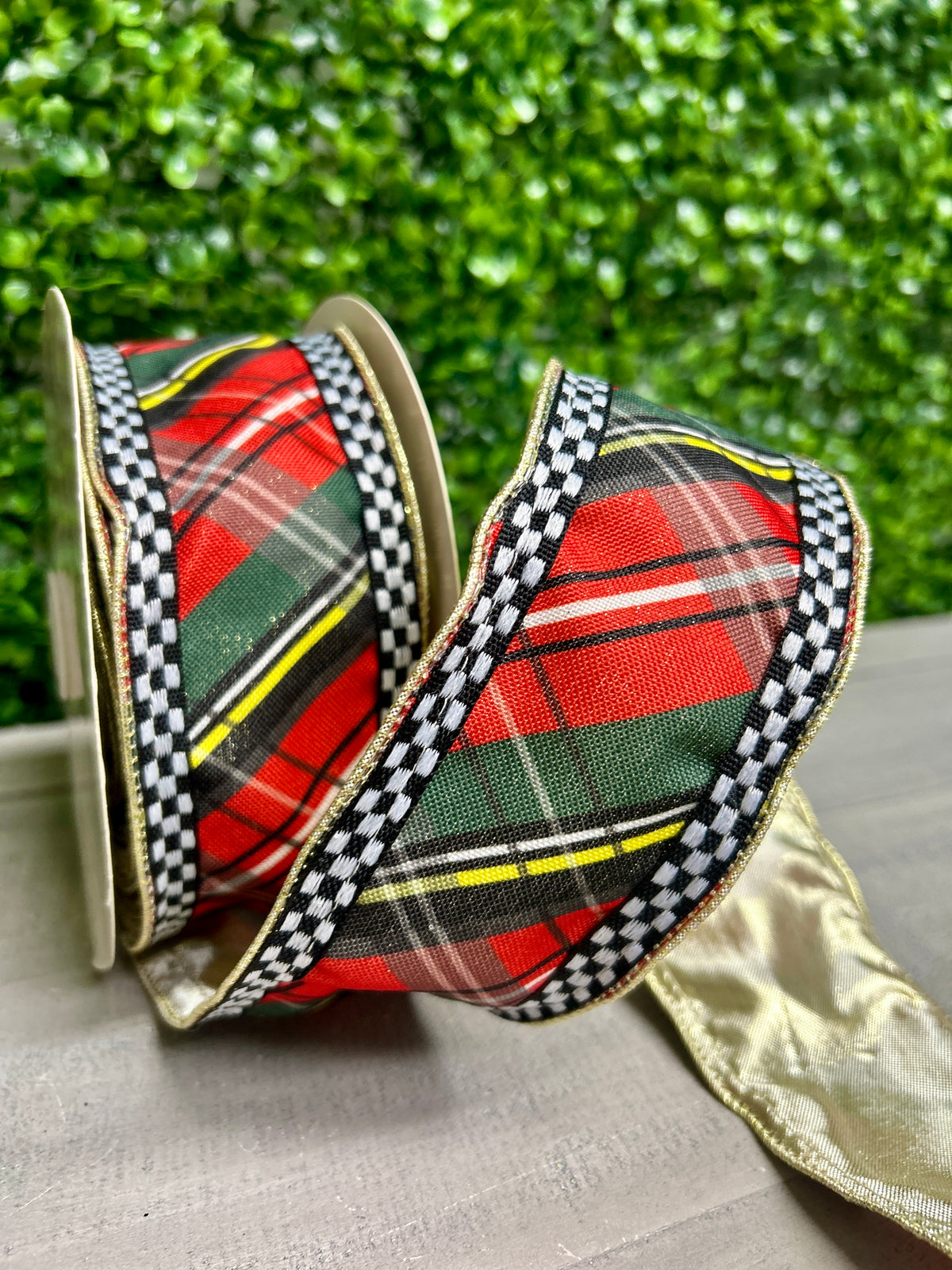 David Christopher's 2.5 Inch By 10 Yard Woven Plaid Check Ribbon With Gold Backing Ribbon
