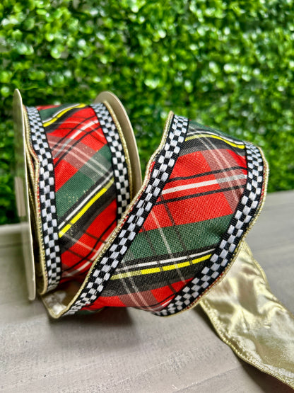 David Christopher's 2.5 Inch By 10 Yard Woven Plaid Check Ribbon With Gold Backing Ribbon
