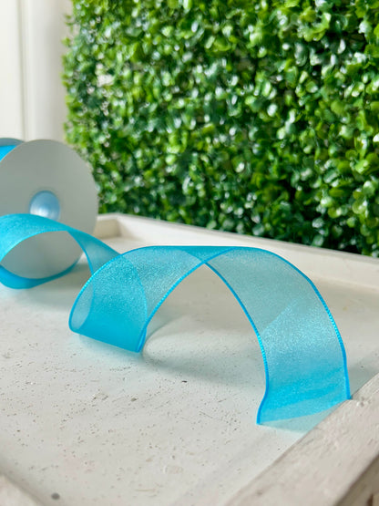 1.5 Inch By 25 Yard Turquoise Snow Organza Unwired Ribbon