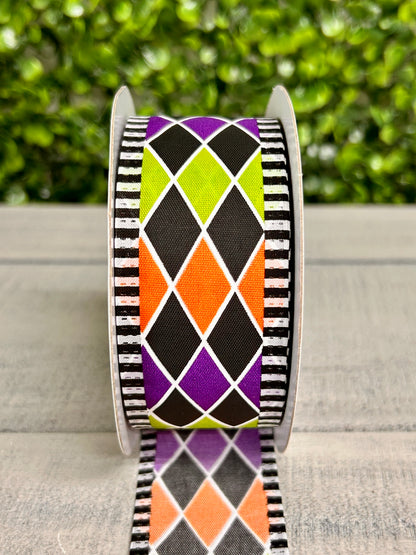 1.5 Inch By 10 Yards Orange Purple Green Black Harlequin Ribbon