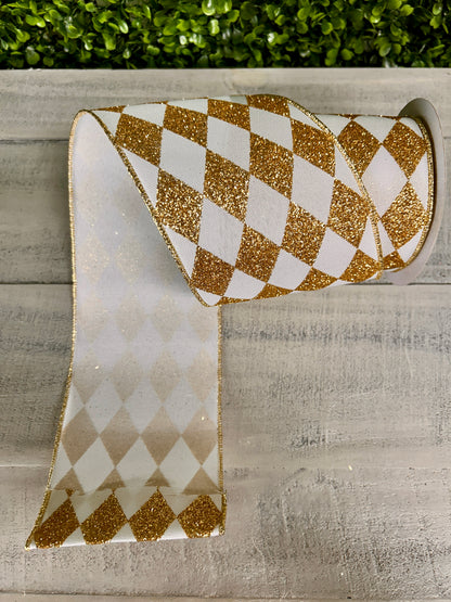 4 Inch By 10 Yard White And Gold Harlequin Check Ribbon
