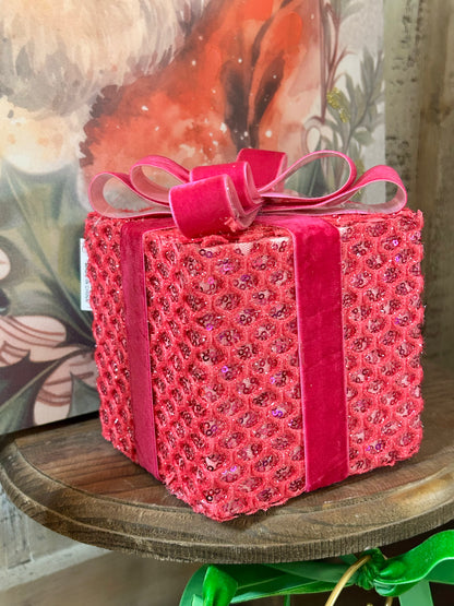 6.75 Inch Fuchsia Sequin Tinsel Gift Box Decoration