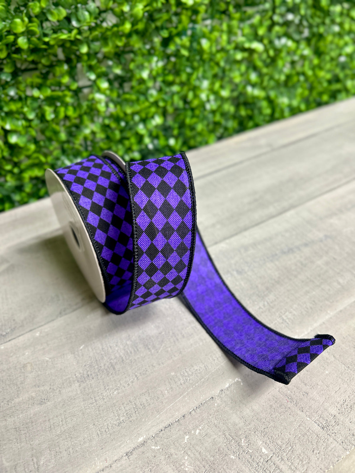 1.5 Inch By 10 Yard Purple And Black Small Harlequin On Royal Ribbon