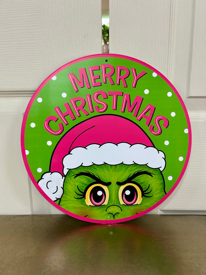 12 Inch Lime And Pink Merry Christmas Green Monster Metal Sign