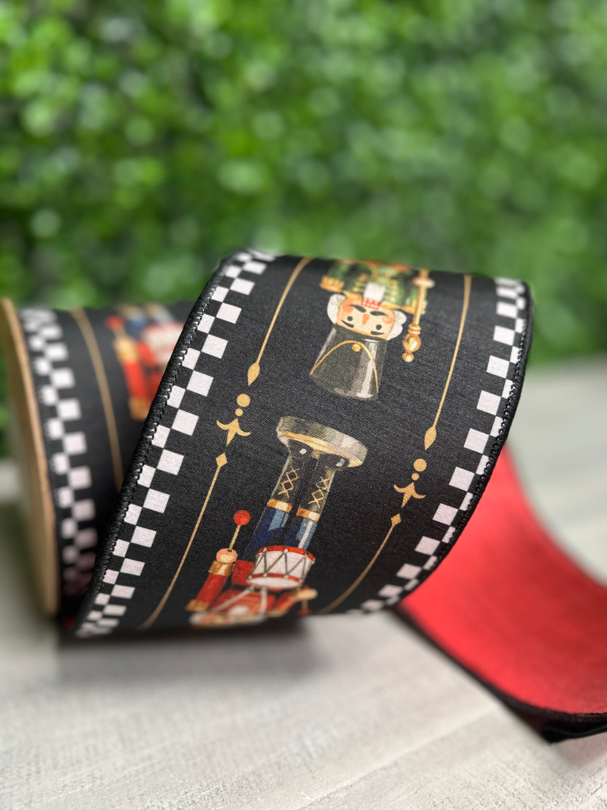 4 Inch By 10 Yard Black White Check Nutcracker With Red Backing Ribbon