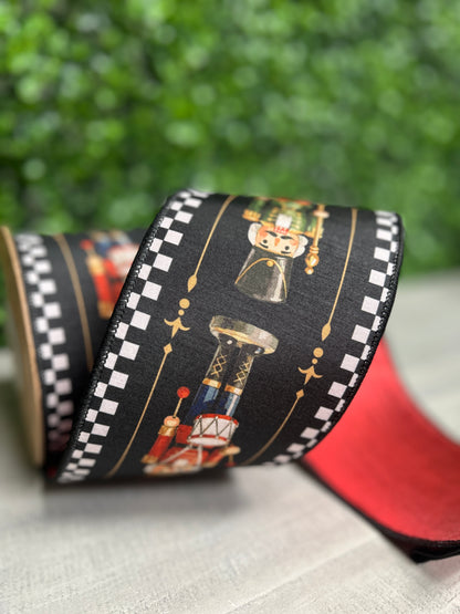 4 Inch By 10 Yard Black White Check Nutcracker With Red Backing Ribbon