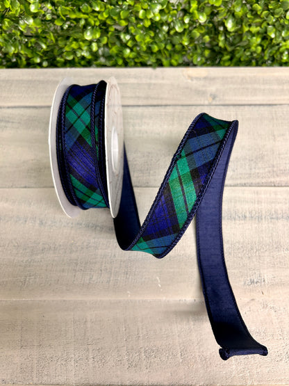 David Christopher 1 Inch By 10 Yard Navy Blue and Evergreen Plaid Ribbon