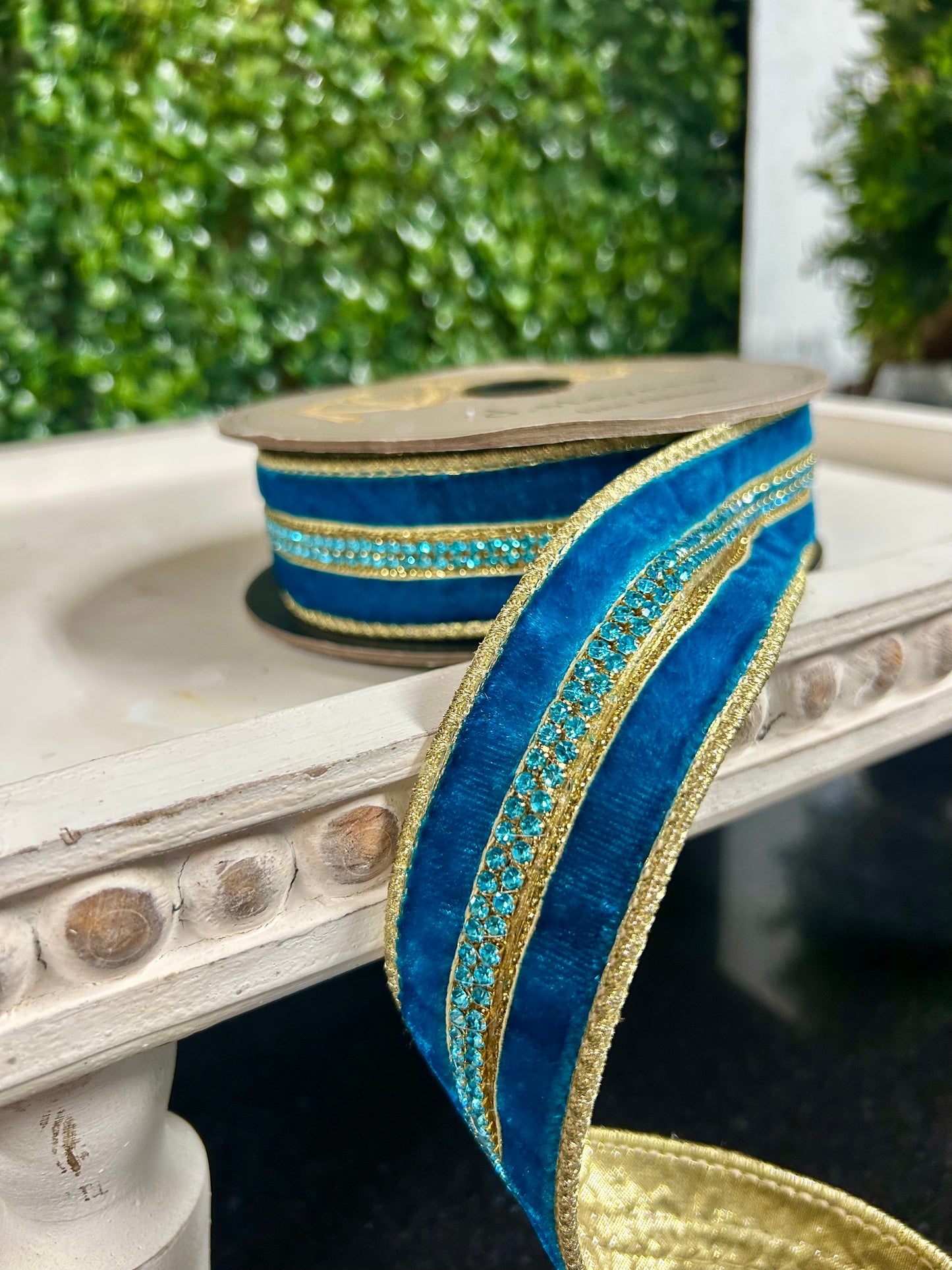 1.5 Inch By 5 Yards Teal And Gold Velvet With Jewel Center Ribbon