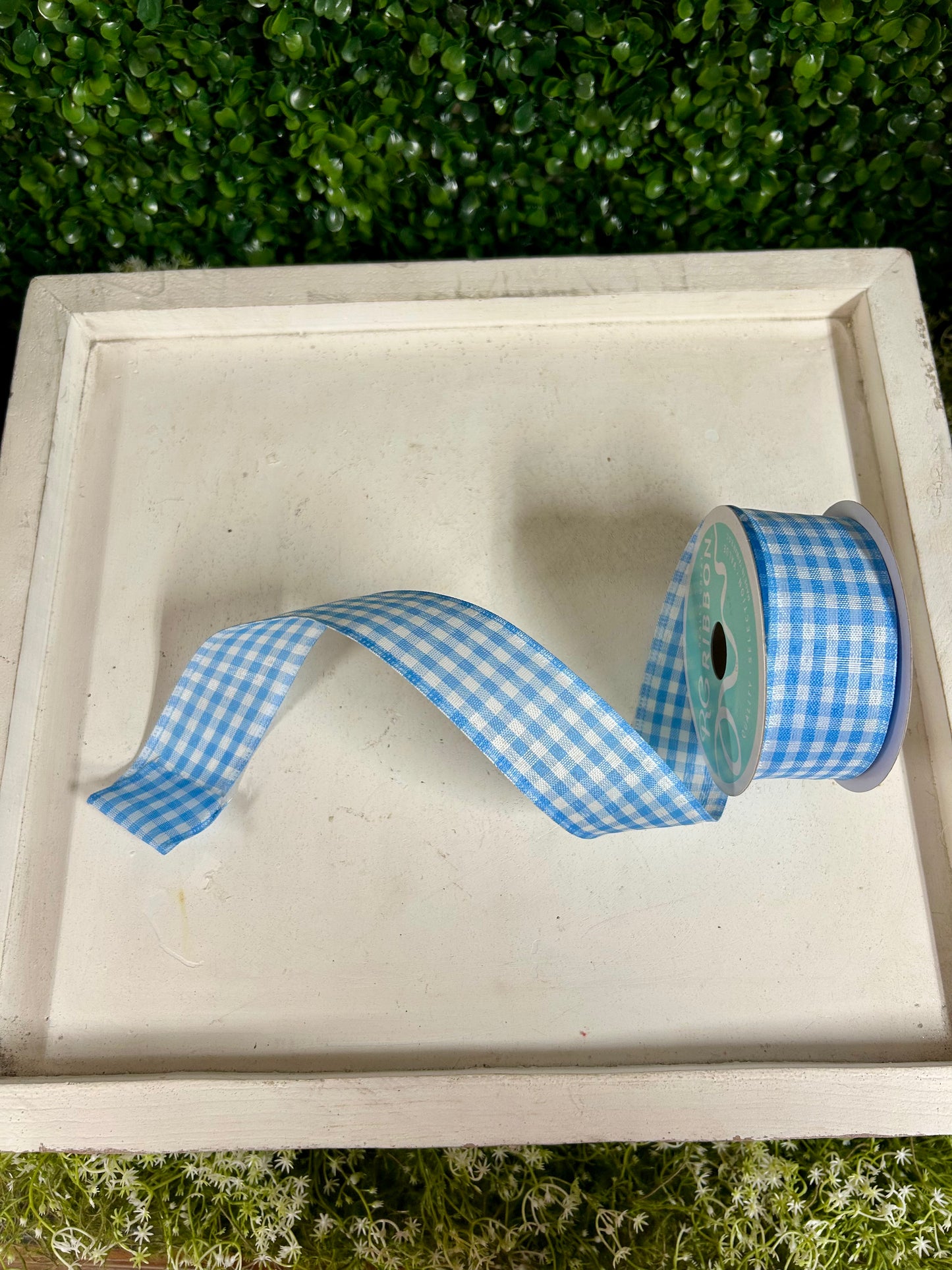 1.5 Inch By 10 Yard Light Blue And White Gingham Check Ribbon