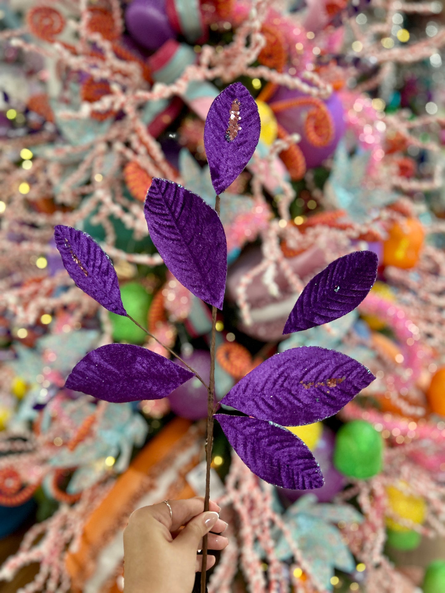 26 Inch Purple Velvet Sequin Magnolia Leaf Spray