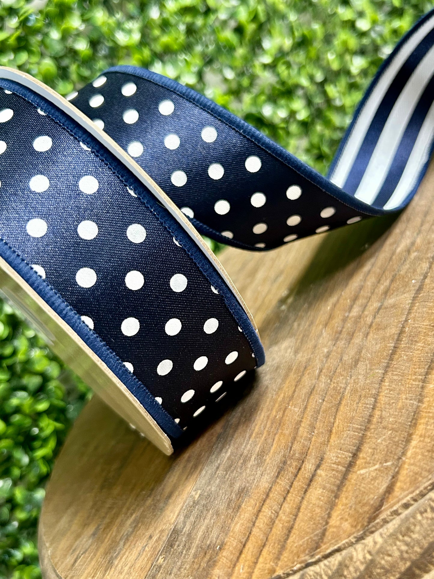 1.5 Inch By 10 Yards Navy Blue And White Polka Dot With Stripe Backing Fused Ribbon
